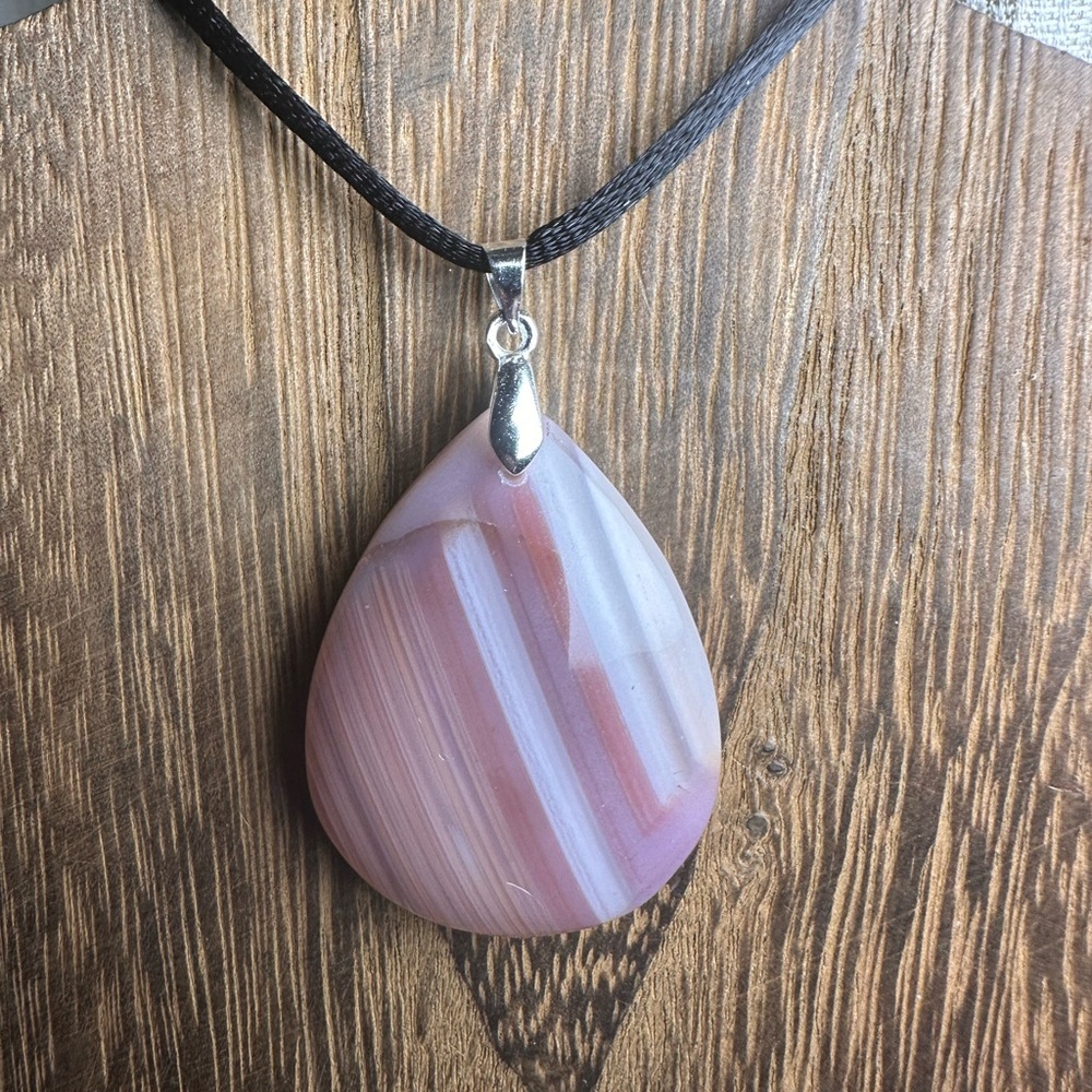 Pink Teardrop Agate Pendant Necklace with Black Cord - Picture 9 of 12